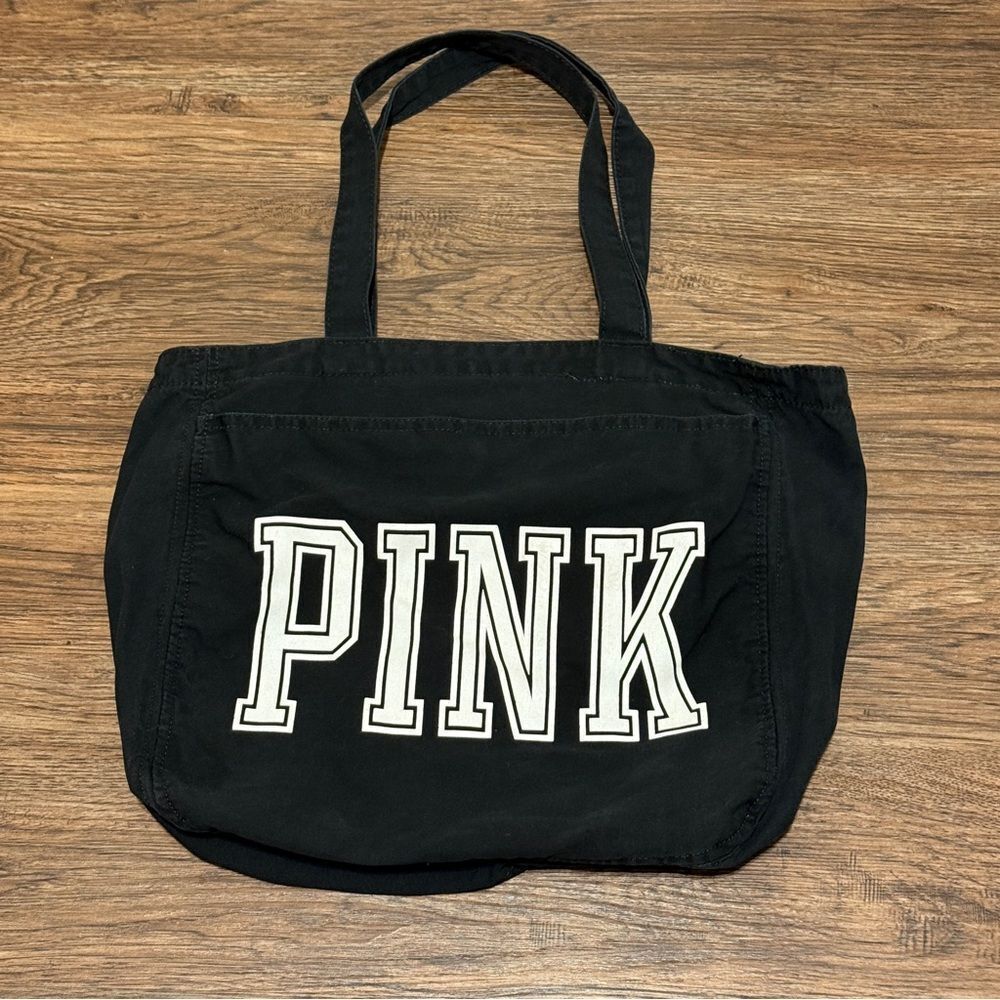 PINK Victoria's Secret Classic Black Canvas Tote White Letters